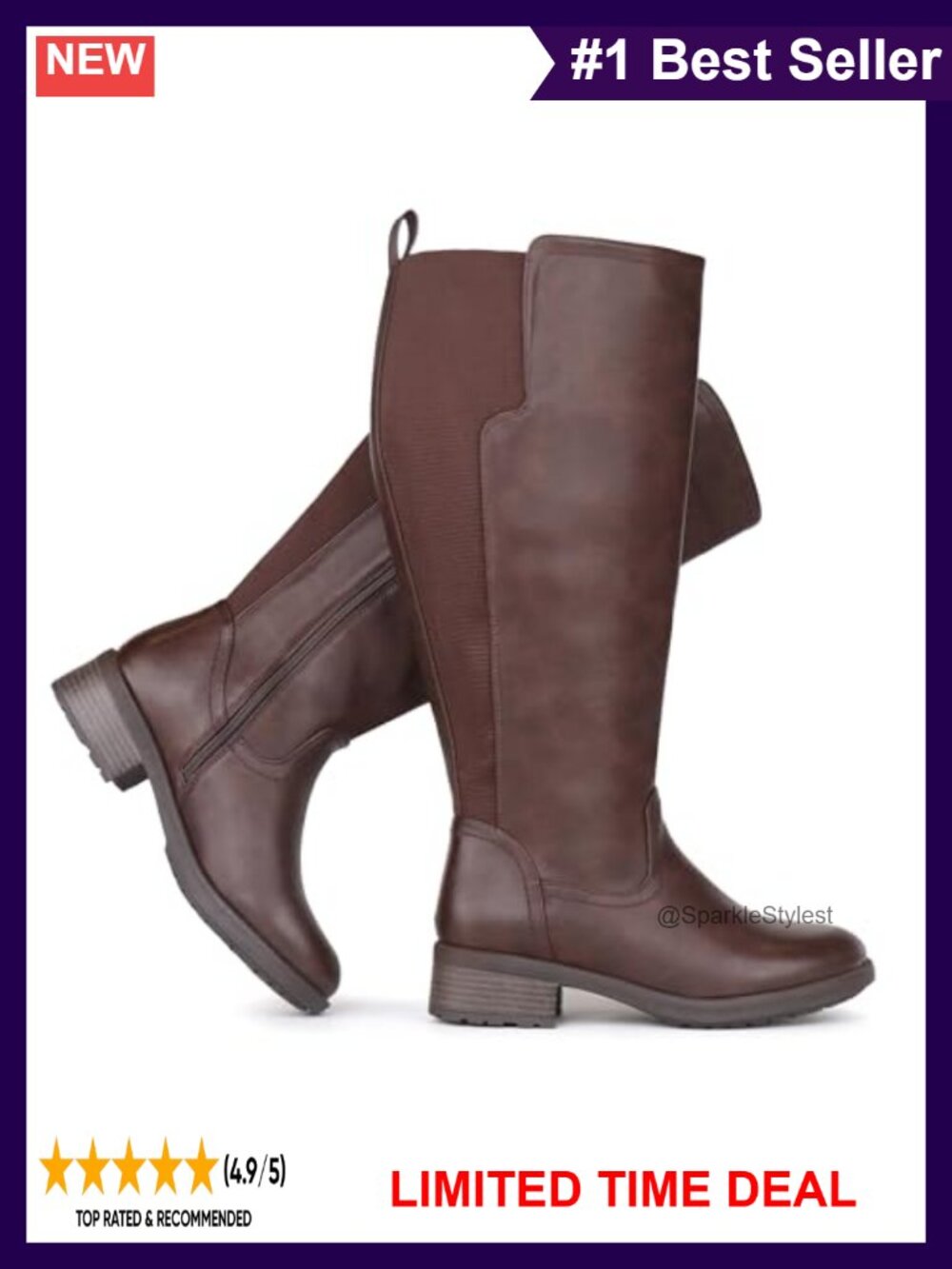 Extra Wide Calf Knee High Boots Faux Leather Side Zipper Stretch Panel
